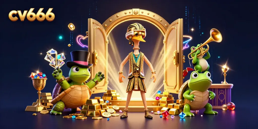 Experience the thrilling action of cv666 with lively characters and dazzling gambling elements in an energetic casino scene.