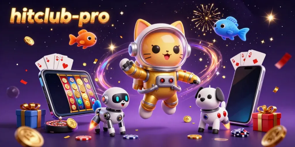 Spin the reels and win big with hitclub-pro in this vibrant 3D casino scene.