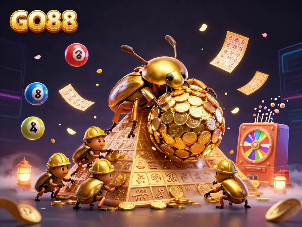 Engage with GO88's thrilling casino experience as the golden dung beetle rolls coins amidst vibrant gaming elements.