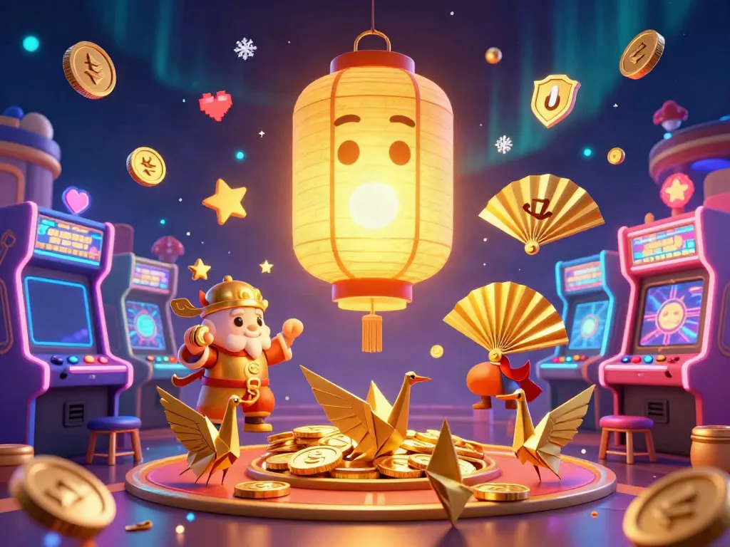 Engage with Nhà cái GO8's vibrant casino scene featuring a golden lantern spirit, symbols of luck, and dynamic gaming elements.