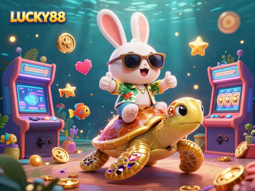 Engage in LUCKY88 casino adventures with a lucky rabbit and golden turtle in an exciting scene.