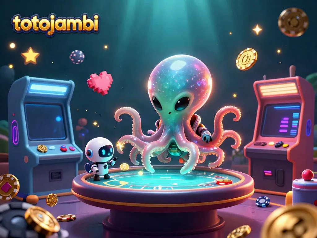 Experience thrilling gameplay with totojambi as a cartoon alien octopus engages in poker with vibrant cosmic elements.