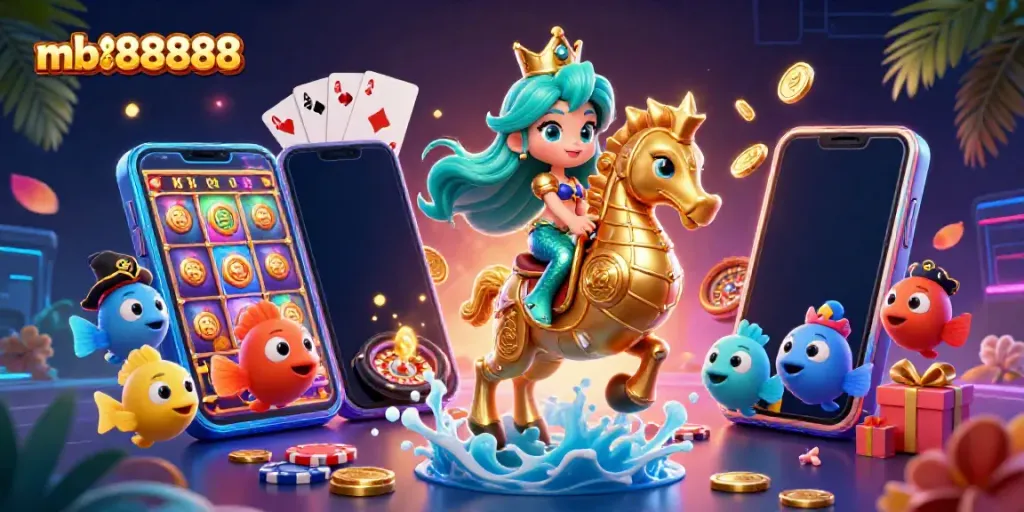 Experience the vibrant underwater world with mb888888, featuring a mermaid on a seahorse amidst casino elements.