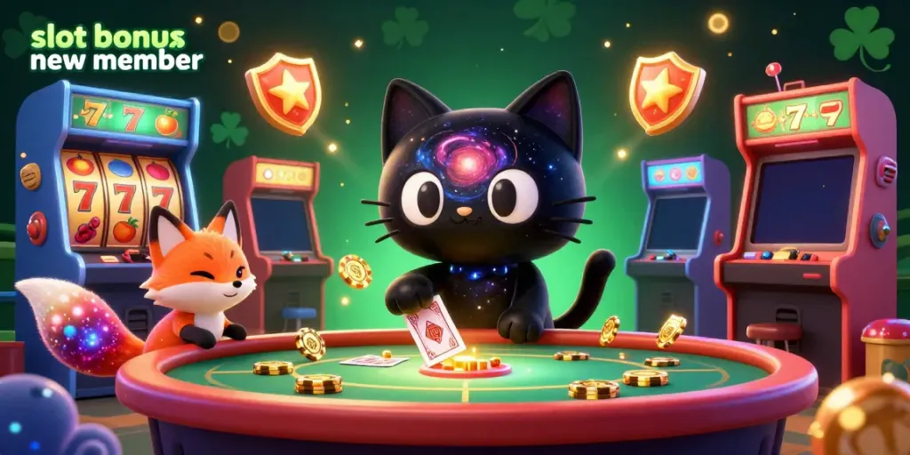 Engage with the slot bonus new member offer in a vibrant casino scene featuring a playful black hole cat and a nebula fox.