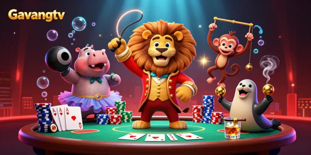 Experience thrilling gameplay with Gavangtv in a lively casino illustration featuring whimsical characters and poker elements.