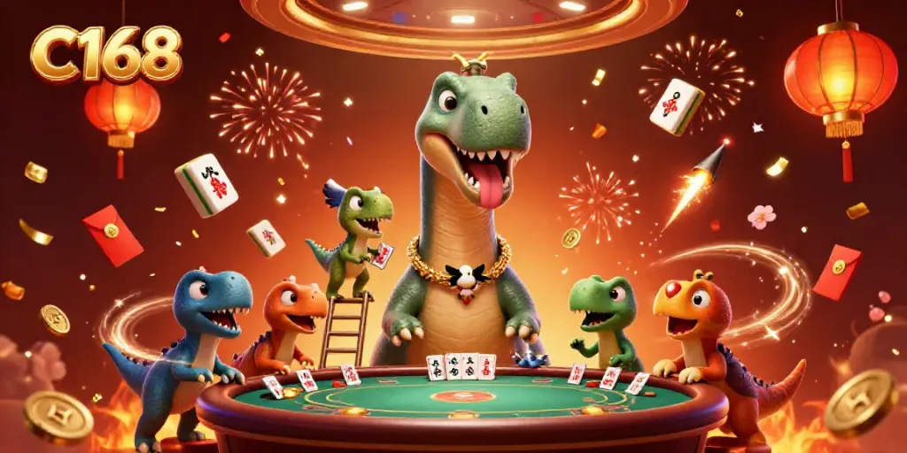 Engage in excitement at C168 casino with a playful brontosaurus and raptor dealing cards in a vibrant atmosphere.