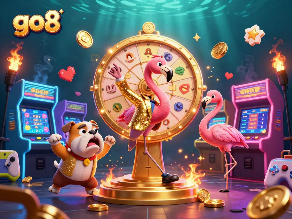 Spin the golden prize wheel with go8 in a vibrant casino-themed illustration filled with excitement and prizes.