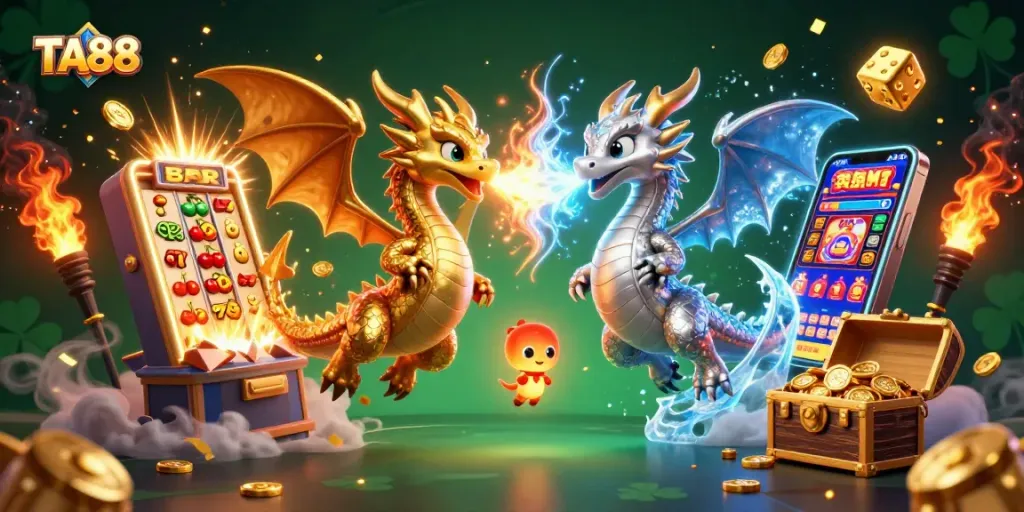 Experience thrilling gaming action at TA88 with dynamic dragons and jackpot excitement in a vibrant casino scene.