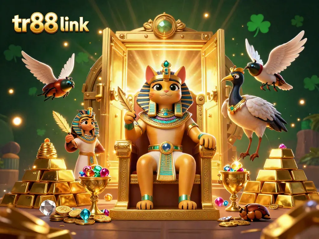 Engage with tr88 link in a vibrant 3D casino scene highlighting royal characters and treasures.
