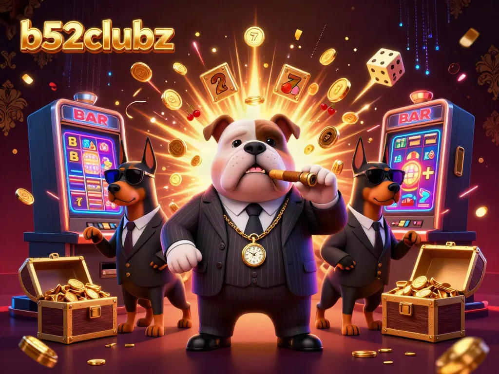 Experience casino excitement with b52clubz featuring a mafia bulldog and 3D slot machine.