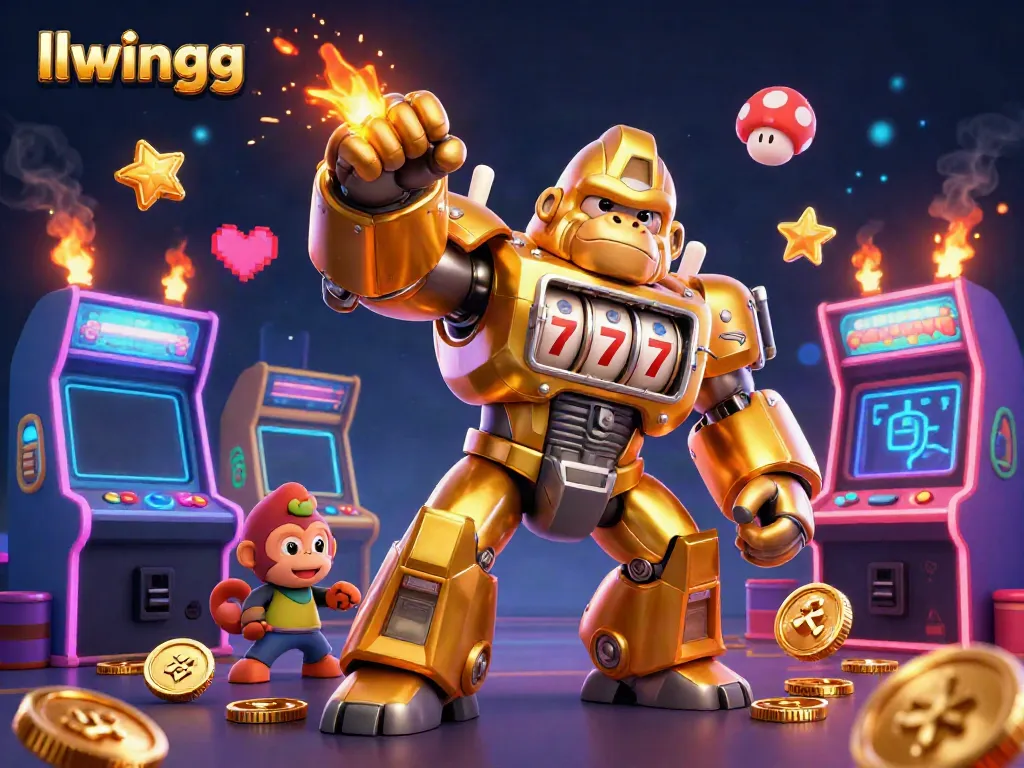 Engage in thrilling slots with llwingg's explosive golden gorilla mech and vibrant gaming elements