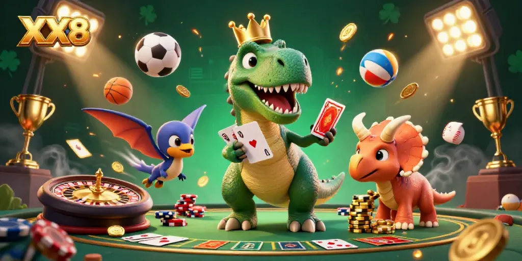 Experience thrilling gambling action with XX8 in this vibrant 3D illustration featuring a friendly T-Rex and dynamic casino elements.