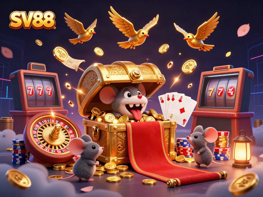 Engage in slot gaming excitement with SV88's golden treasure chest and dynamic casino elements