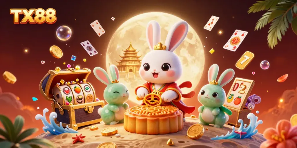 Experience TX 88's vibrant casino atmosphere with cartoon characters creating golden mooncakes revealing poker chips inside.