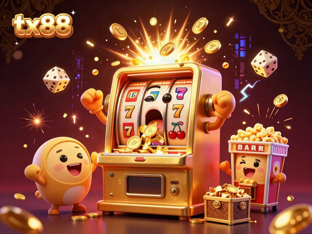 Rolling in coins from a jackpot, the tx88 golden slot machine celebrates with cheers and fireworks.