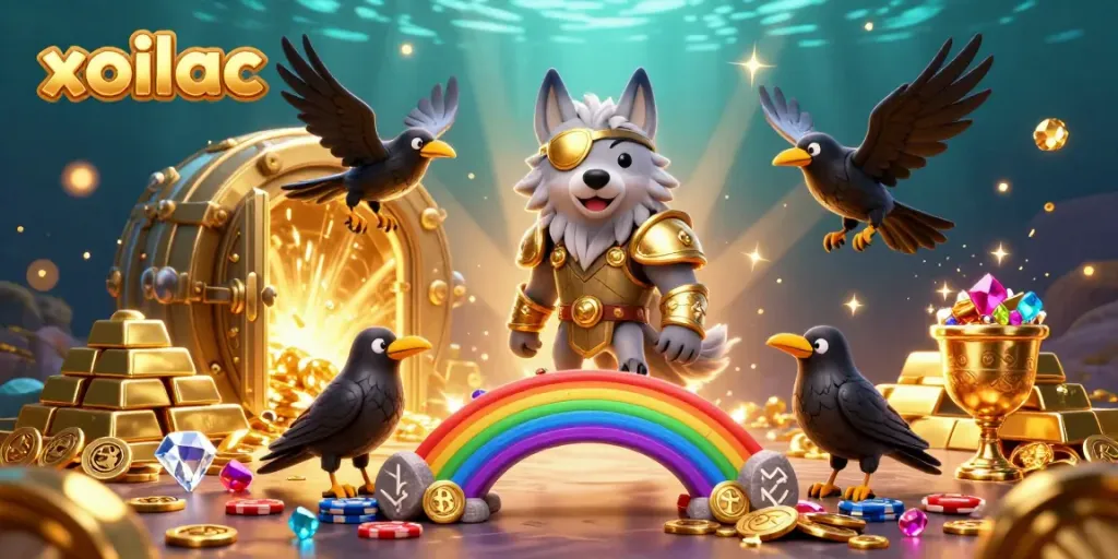 Experience thrilling gaming with xoilac featuring a 3D Norse wolf and ravens amidst gold treasures and casino chips.