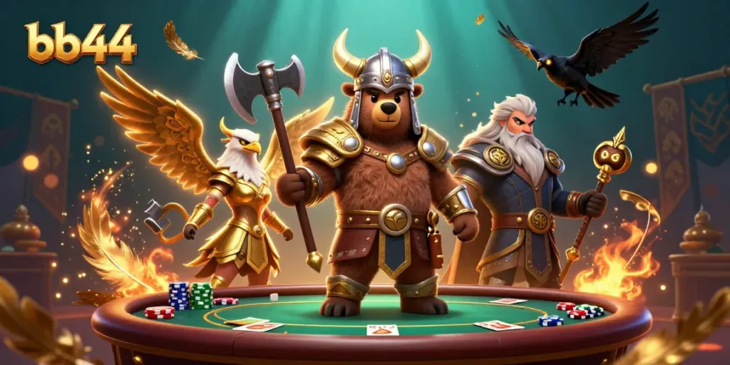 Engage with bb44's thrilling casino games represented by a Viking bear and Valkyrie eagle in a dynamic scene.