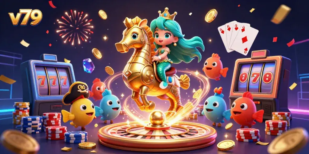 Experience the thrill of gaming at v79 with a vibrant 3D scene of a mermaid and casino elements.