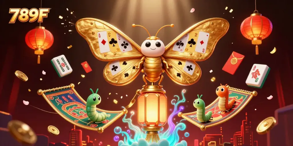 Engage with the vibrant world of 789F, illustrated with a majestic moth and casino elements.