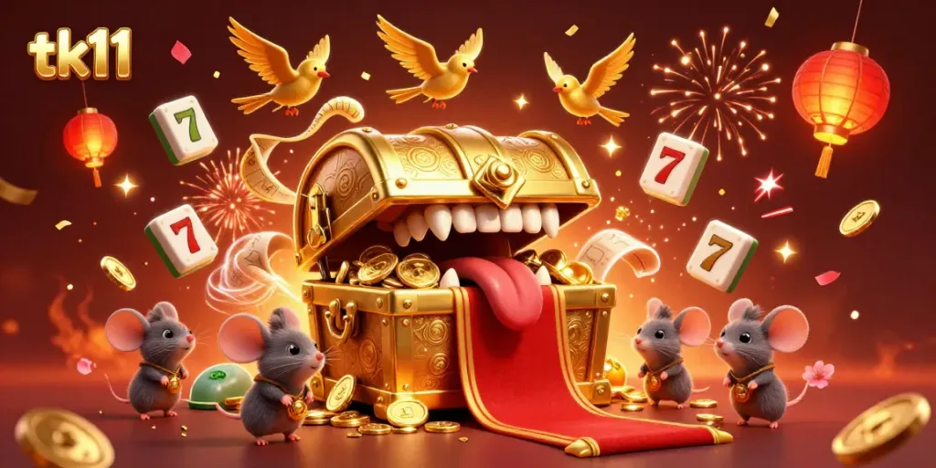 Engage with tk11's vibrant casino scene filled with treasure and game elements.