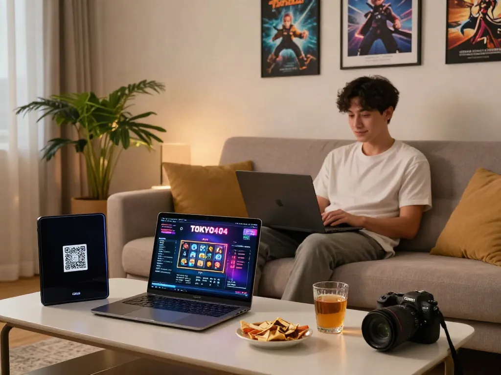 Enjoying slot qris games on a laptop in a cozy gaming setup.