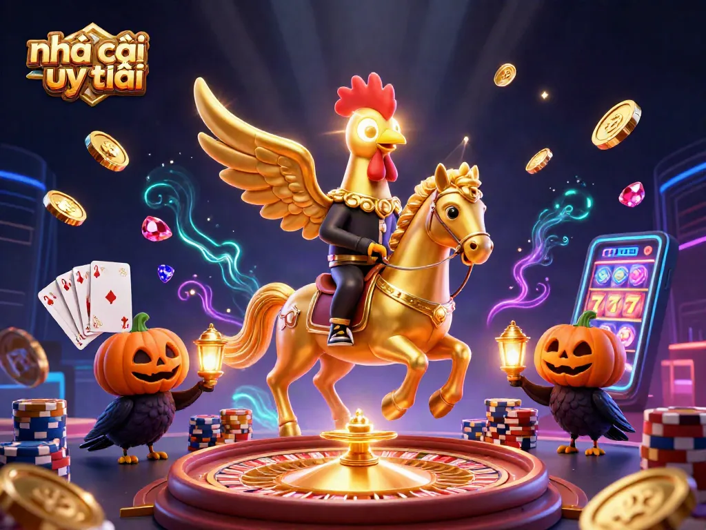Engaging nhả cái uy tín scene with golden rooster and dynamic casino elements showcasing excitement