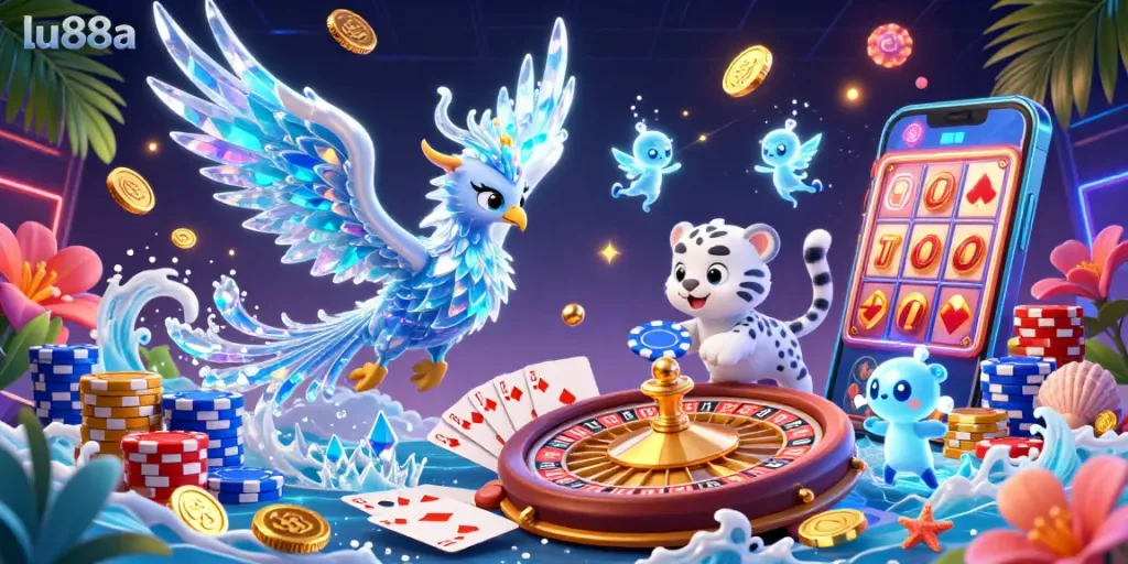 Spin to win at lu88a with vibrant slots and poker action featuring an ice phoenix and playful cub.