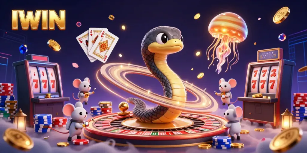Experience IWIN with a whimsical cosmic casino scene featuring thriving games and characters, perfect for online gambling.