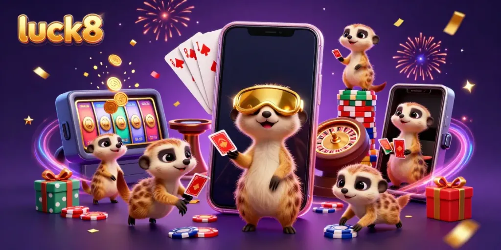 Experience the excitement at luck8's dynamic casino with meerkats as animated dealers amidst colorful gaming elements.