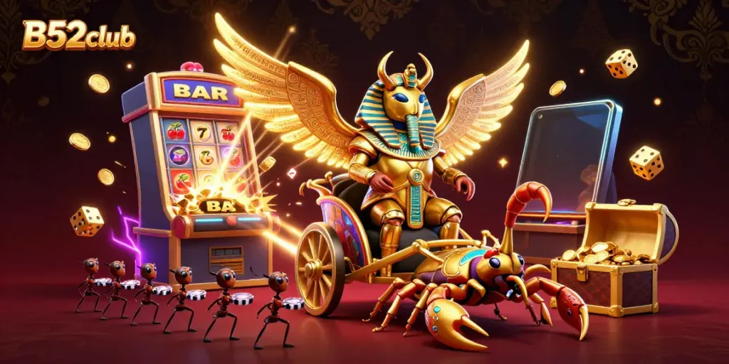 B52club gameplay scene with vibrant casino elements and a dramatic 3D illustration