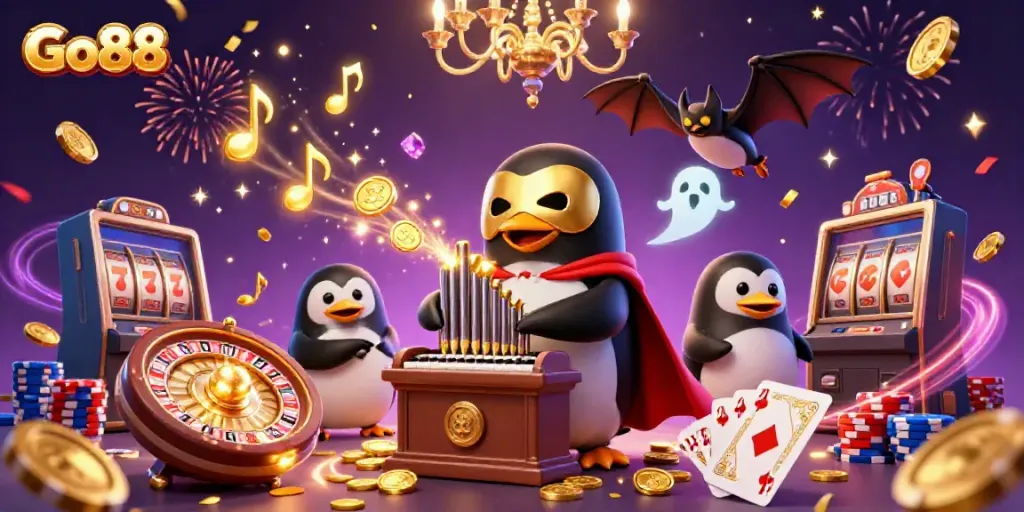 Engage with Go88 as the phantom opera penguin plays a golden organ amidst casino treasures.