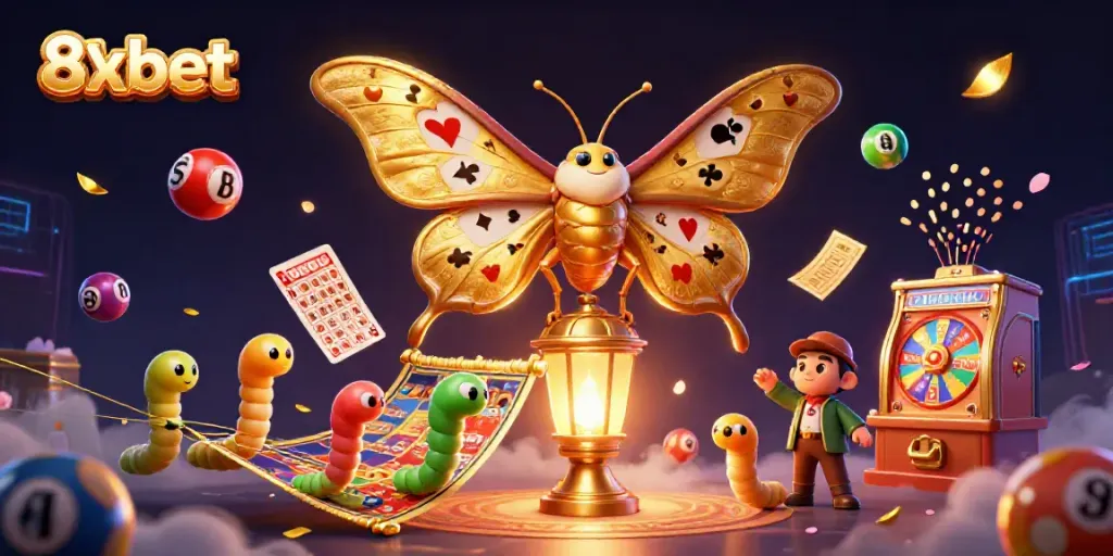 Experience thrilling casino games with 8xbet illustrated by an atlas moth and dynamic lottery elements.