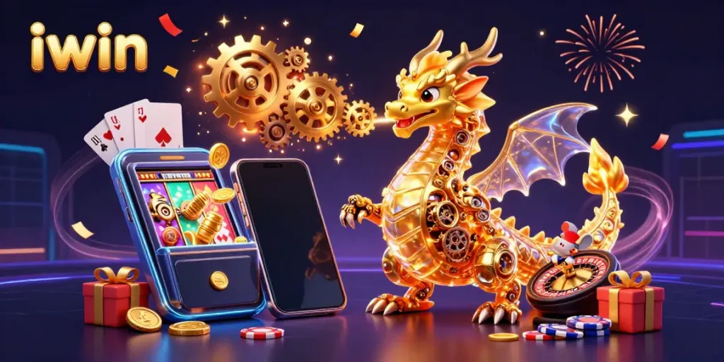 Experience the thrill of iwin with a golden dragon and engaging casino elements in a dynamic 3D scene.