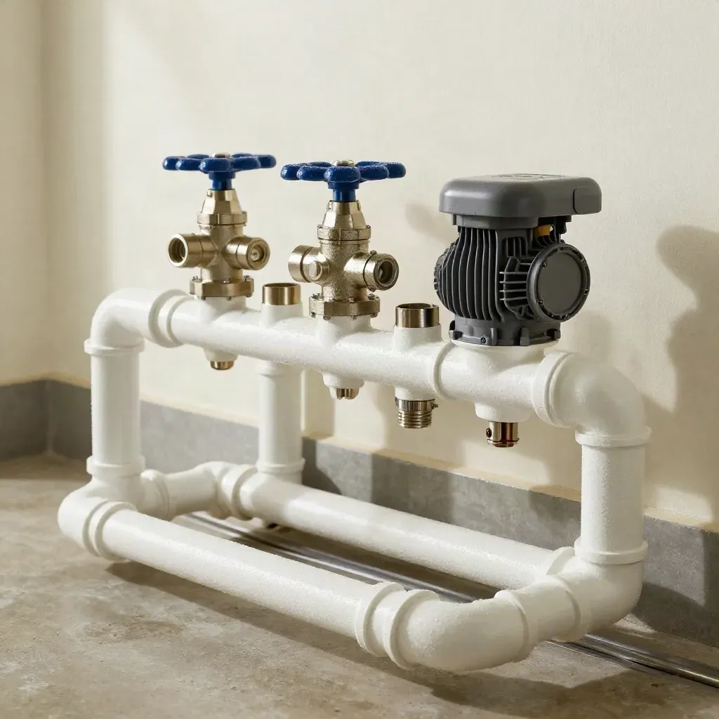 Manifold hydrauliki basenu z białymi rurami PVC, niebieskimi zaworami i pompą w jasnym pomieszczeniu
