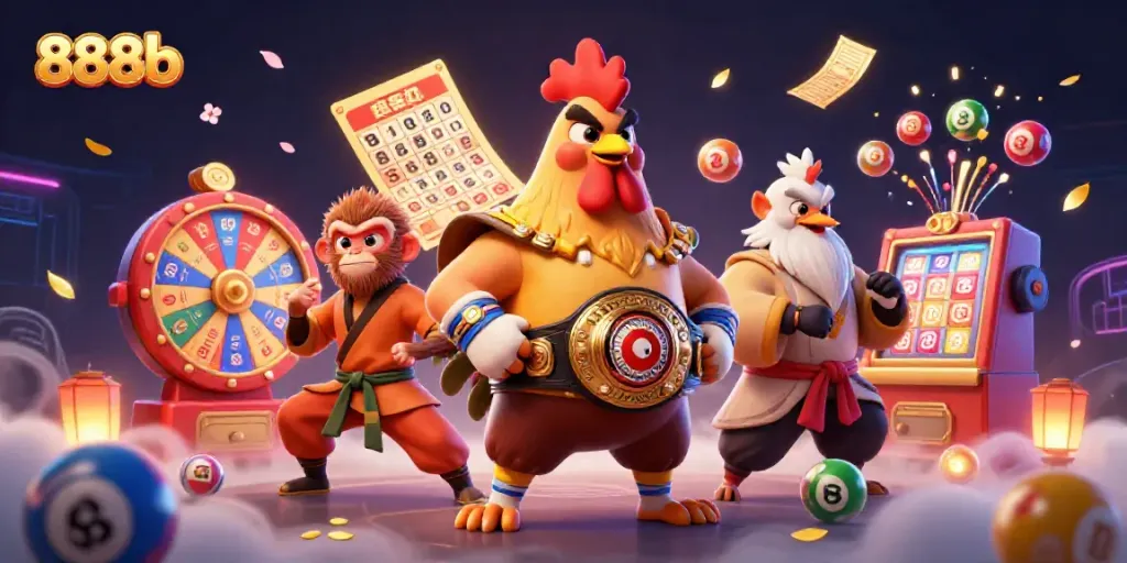 Experience the excitement of 888b with dynamic lottery elements and vibrant characters.