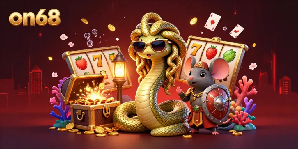 Engage with on68's exciting casino scene featuring Medusa and a warrior mouse among slot reels and treasures.