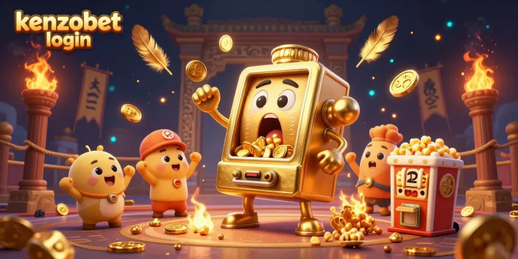 Experience the excitement of kenzobet login as a golden slot machine hits the jackpot amidst cheering companions.