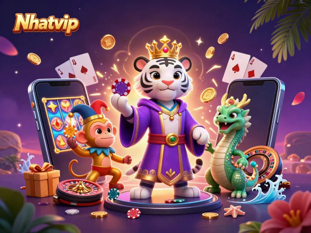 Nhatvip showcases an enchanting casino scene with vibrant characters and dynamic gaming elements.