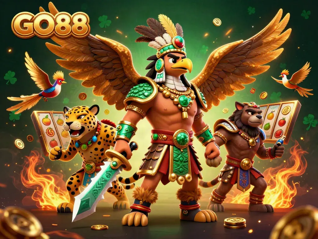 Experience the vibrant world of GO88 with an Aztec warrior and jackpot symbols in a dynamic casino setting.