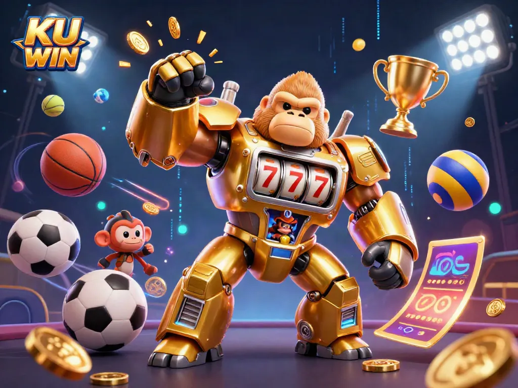 Experience thrilling gameplay with KU WIN in a dynamic 3D illustration of a casino mech.