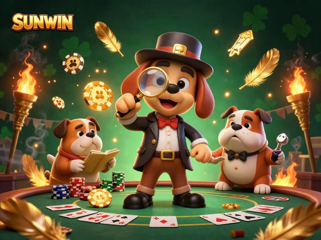Join the hunt for treasure at SUNWIN with a detective dog duo and poker chips in a vibrant casino scene.