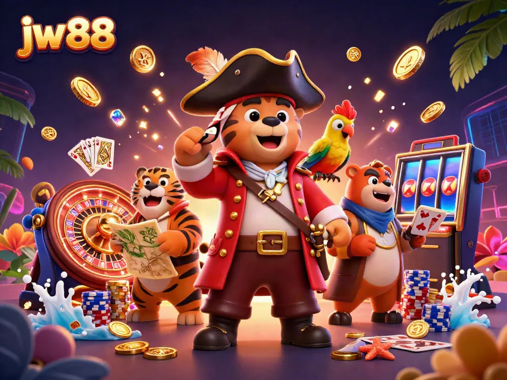 Win big with jw 88 in a vibrant casino scene featuring a pirate bear and tiger.