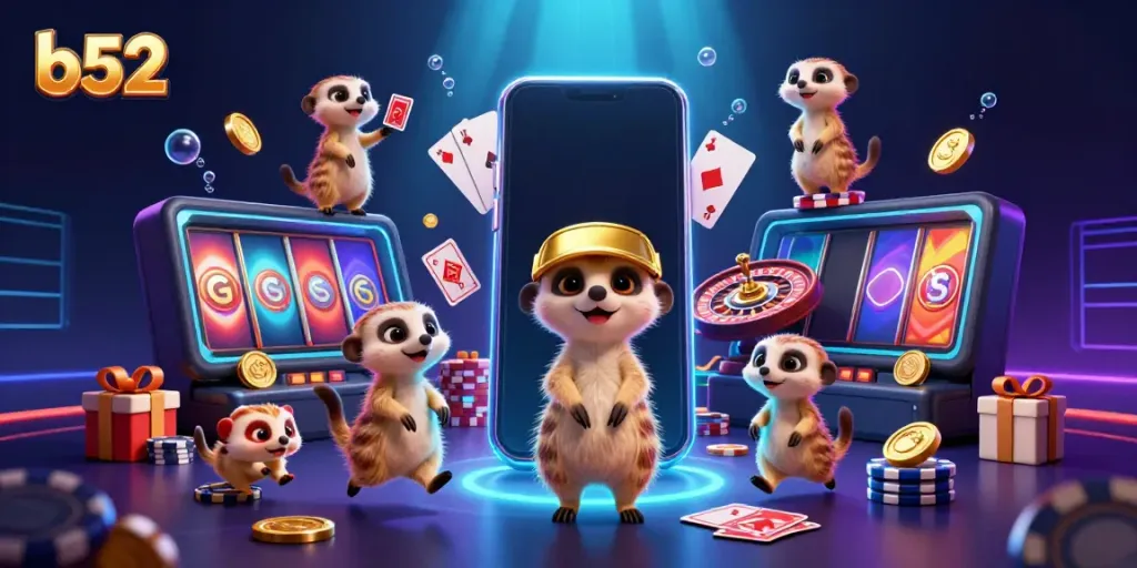 Engage in thrilling gaming at b52 with a lively meerkat casino scene featuring dealers, games, and vibrant visuals.