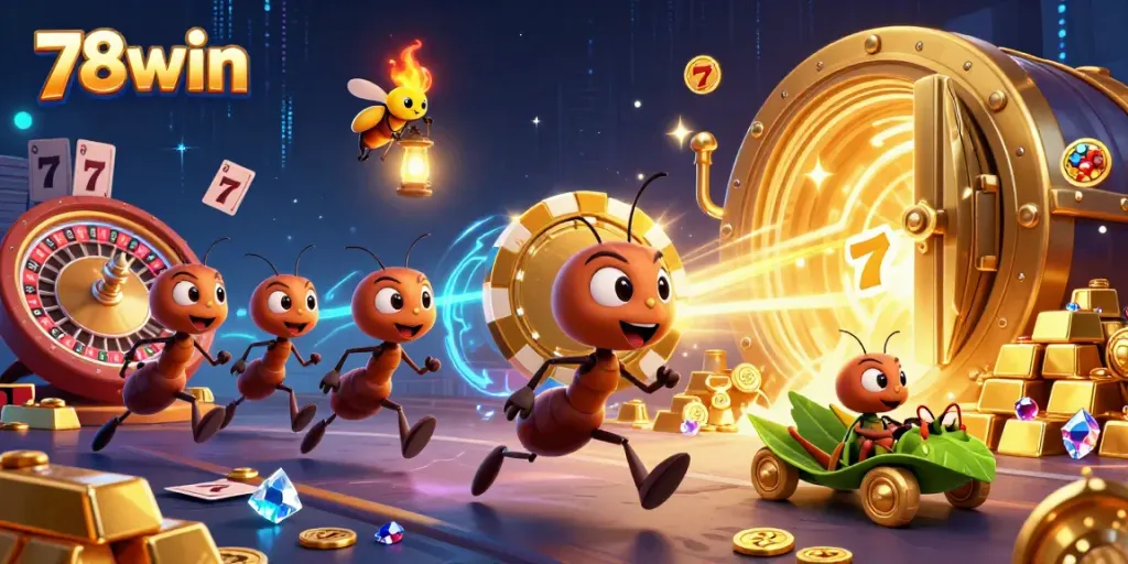 Engaging 3D illustration of 78win heist theme featuring ants and casino elements like poker chips and roulette.