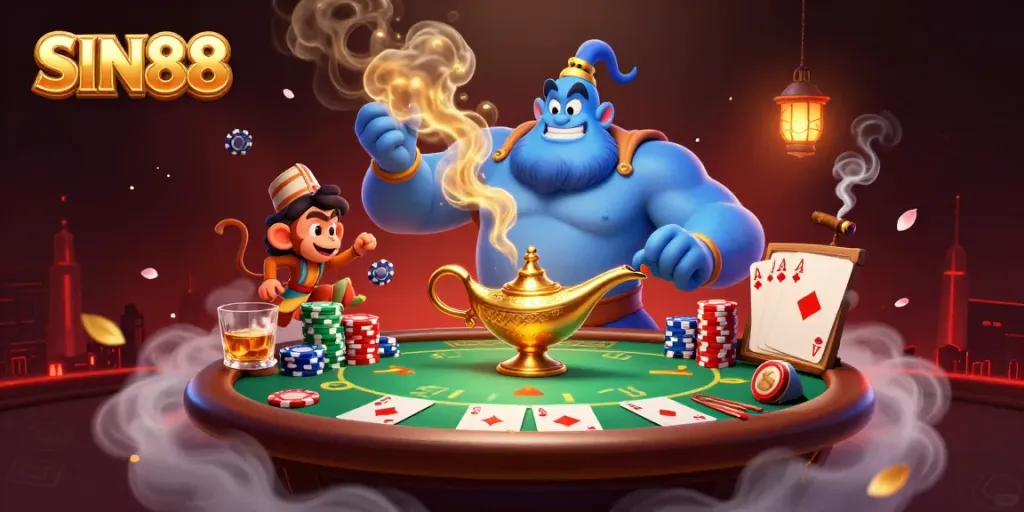 Experience excitement at SIN88 with a vibrant scene featuring a genie, poker chips, and cards.
