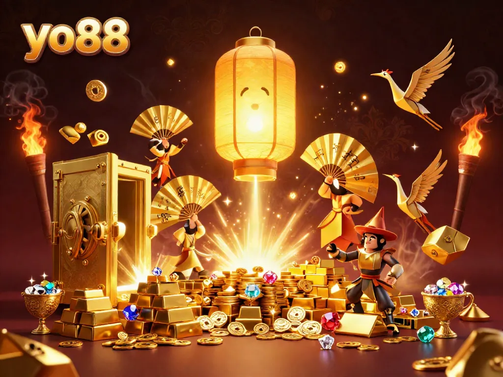 Experience immersive gaming at yo88 with vibrant golden lanterns and exciting casino treasures.