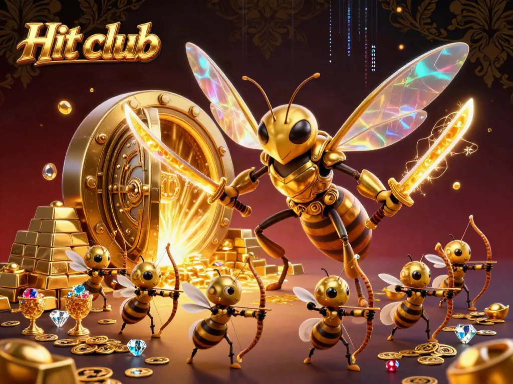 Engage with the Hit club experience featuring vibrant 3D casino elements and a golden hornet in action.