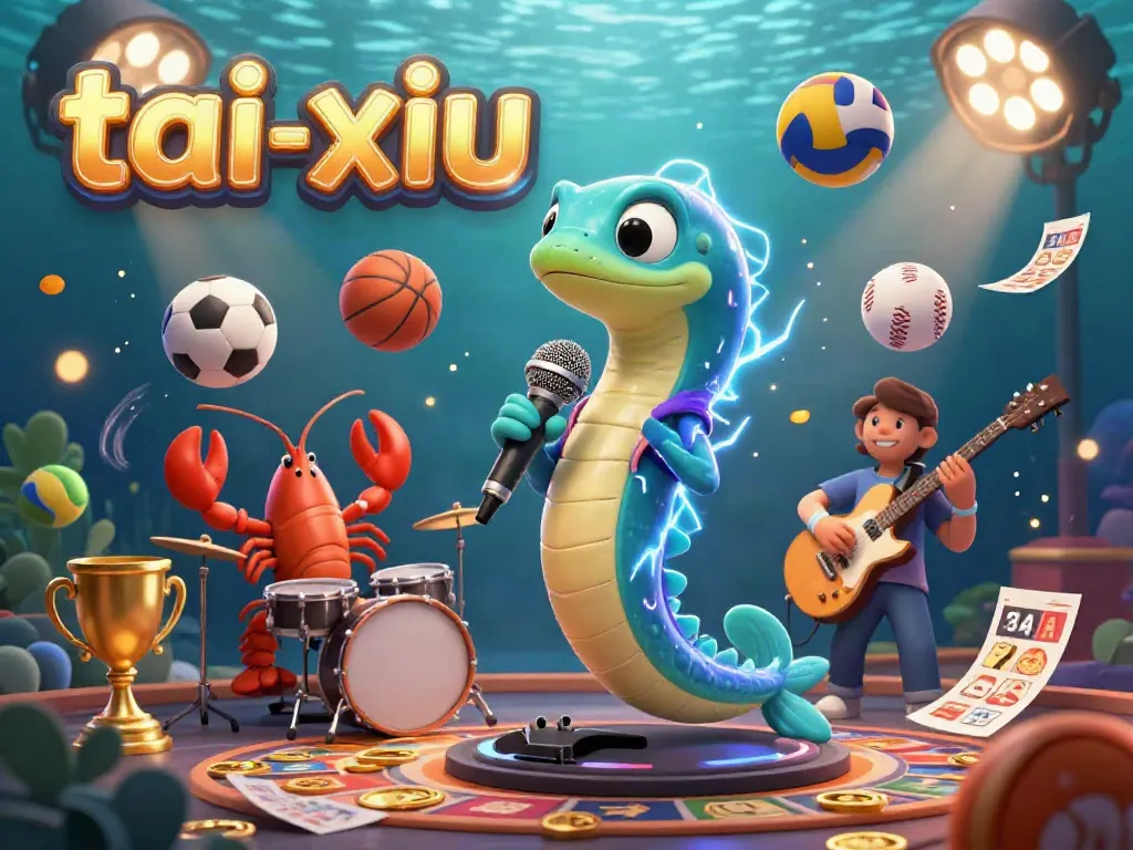 Join the excitement of tai-xiu in this vibrant underwater casino scene featuring a DJ eel with musicians, dynamic sports balls, and a golden trophy.