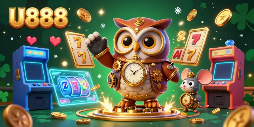 Experience thrilling U888 gaming with a steampunk owl in a vibrant casino scene.
