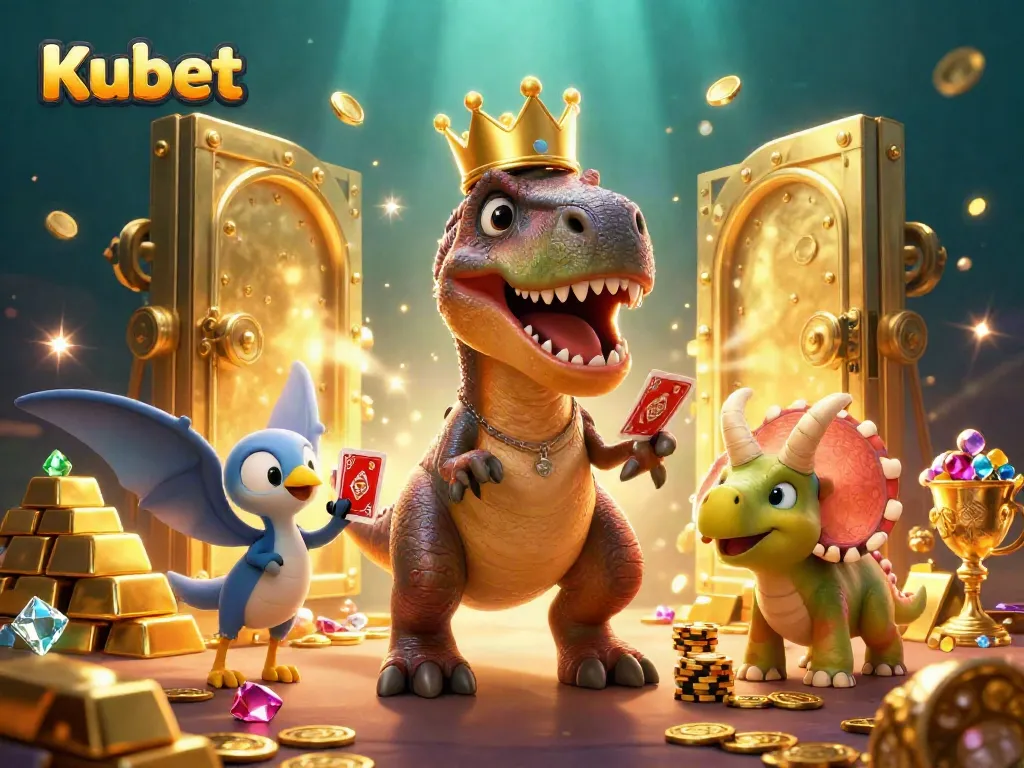 Kubet strategy gaming scene featuring a T-Rex shuffling cards and vibrant gold treasure.